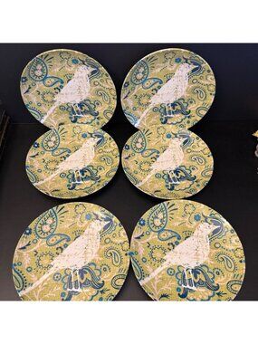 Pier 1 Porcelain Plate Paisley Bird Green & Blue print 8" Salad Dessert Set of 6